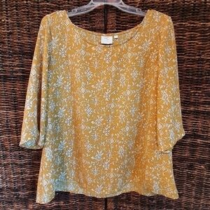 HD In Paris Eira Mustard Yellow Floral Printed Blouse Marigold Fall 3/4 Size 12P